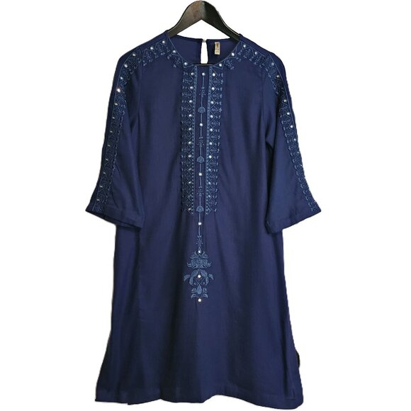 ETHNIC Blue Embroidered 3/4 Sleeve Tunic Short Dress Size Small - Picture 1 of 8